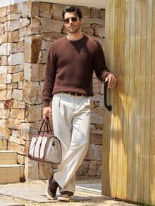 Mercer Haus Sweater Pullover Pria Musim Gugur/Dingin, Warna Polos Dasar, Kasual, Pas Badan, Ringan, Tipis, Bahan Poliester Pique Bertekstur, Desain Niche, Lengan Panjang, Bahu Jatuh, Leher Bulat - Cokelat - View 3