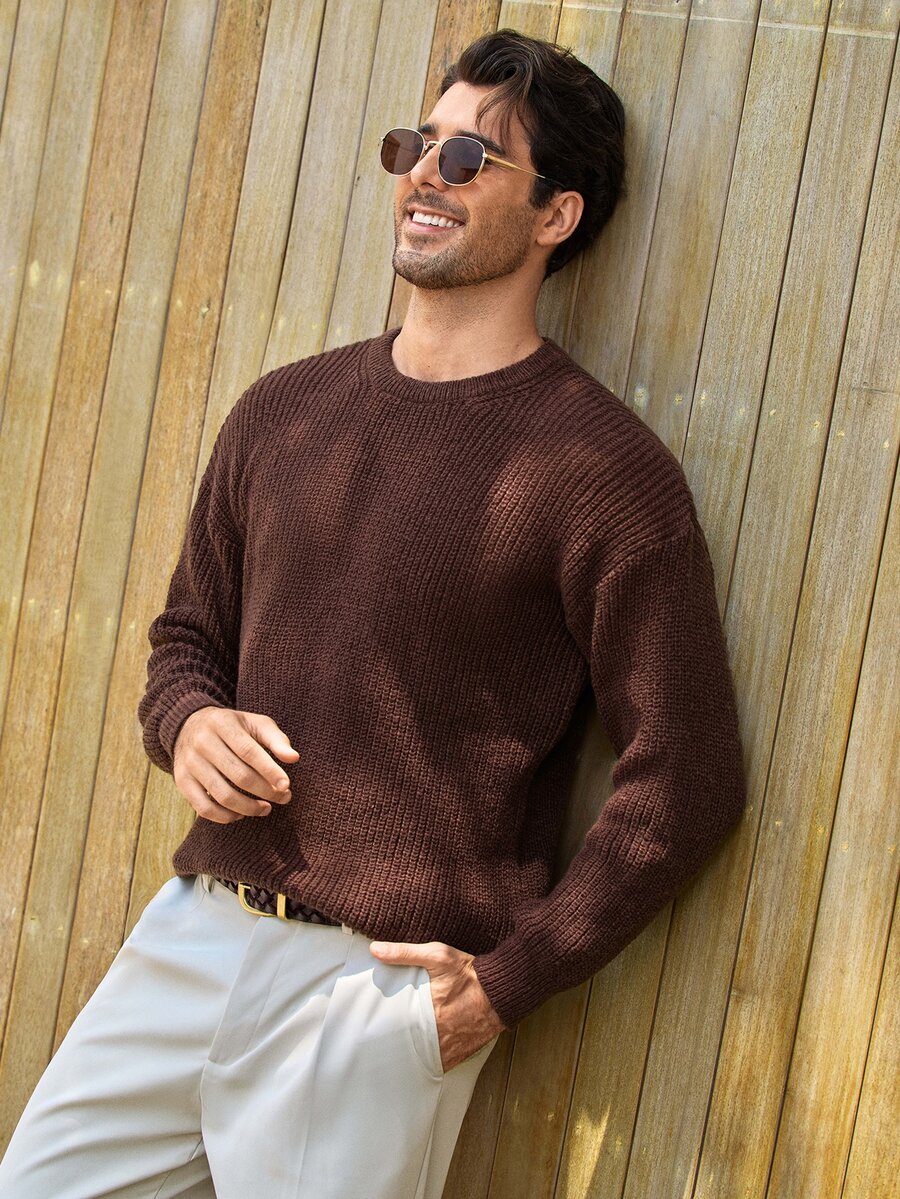 Mercer Haus Sweater Pullover Pria Musim Gugur/Dingin, Warna Polos Dasar, Kasual, Pas Badan, Ringan, Tipis, Bahan Poliester Pique Bertekstur, Desain Niche, Lengan Panjang, Bahu Jatuh, Leher Bulat - Cokelat - View 1