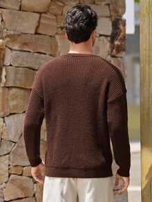 Mercer Haus Sweater Pullover Pria Musim Gugur/Dingin, Warna Polos Dasar, Kasual, Pas Badan, Ringan, Tipis, Bahan Poliester Pique Bertekstur, Desain Niche, Lengan Panjang, Bahu Jatuh, Leher Bulat - Cokelat - View 2