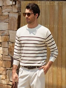 Mercer Haus 男士秋冬時尚百搭條紋圓領毛衣，日常通勤與約會必備 - 卡其色 - 查看 5