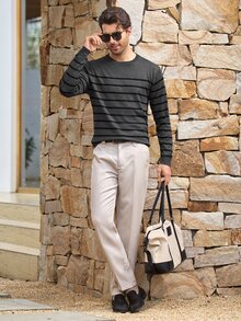 Mercer Haus Men's Autumn/Winter Fashion Versatile Striped Crew Neck Sweater, Essential For Daily Commute And Dating - Dark Grey - View 3