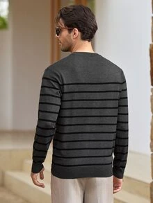 Mercer Haus Men's Autumn/Winter Fashion Versatile Striped Crew Neck Sweater, Essential For Daily Commute And Dating - Dark Grey - View 2