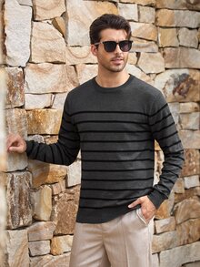 Mercer Haus Men's Autumn/Winter Fashion Versatile Striped Crew Neck Sweater, Essential For Daily Commute And Dating - Dark Grey - View 7