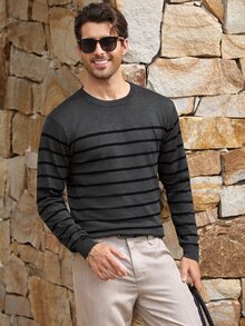 Mercer Haus Men's Autumn/Winter Fashion Versatile Striped Crew Neck Sweater, Essential For Daily Commute And Dating - Dark Grey - View 6