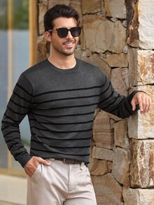Mercer Haus Men's Autumn/Winter Fashion Versatile Striped Crew Neck Sweater, Essential For Daily Commute And Dating - Dark Grey - View 1