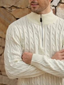 Mercer Haus Men's Autumn/Winter Knitted Zip-Up Pullover Sweater With Twisted Rope Detail, Casual Business Commute Versatile - White - View 7