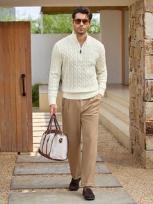 Mercer Haus Men's Autumn/Winter Knitted Zip-Up Pullover Sweater With Twisted Rope Detail, Casual Business Commute Versatile - White - View 6