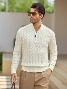 Mercer Haus Men's Autumn/Winter Knitted Zip-Up Pullover Sweater With Twisted Rope Detail, Casual Business Commute Versatile - White - View 4