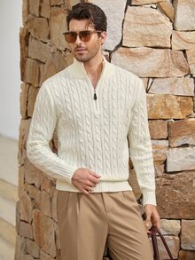 Mercer Haus Men's Autumn/Winter Knitted Zip-Up Pullover Sweater With Twisted Rope Detail, Casual Business Commute Versatile - White - View 1