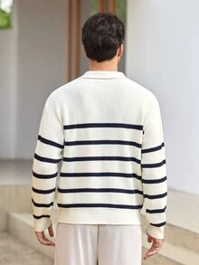 Mercer Haus 男士秋冬翻領拉鍊條紋撞色針織毛衣，休閒商務通勤百搭套頭衫 - 杏色 - 查看 2