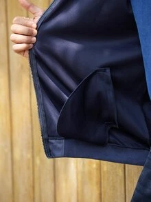 Mercer Haus 1件男士純色輕量麂皮抓絨飛行夾克，全拉鍊立領休閒外套，復古人造皮革夾克，春/秋季男士夾克 - 靛青 - 查看 8