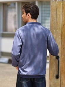 Mercer Haus 1件男士純色輕量麂皮抓絨飛行夾克，全拉鍊立領休閒外套，復古人造皮革夾克，春/秋季男士夾克 - 靛青 - 查看 2