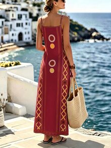 Selamara Women's Geometric Print Casual Tropical Boho Party Beach Vacation Travel Spaghetti Strap Dress Burgundy Summer - Multicolor - View 2