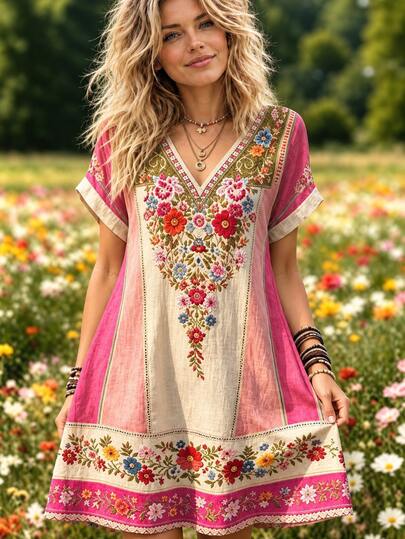 Selamara Bohemian Style Faux Patchwork Floral Print Short Sleeve Top, Women's Summer Vacation Casual Vintage V-Neck Dress