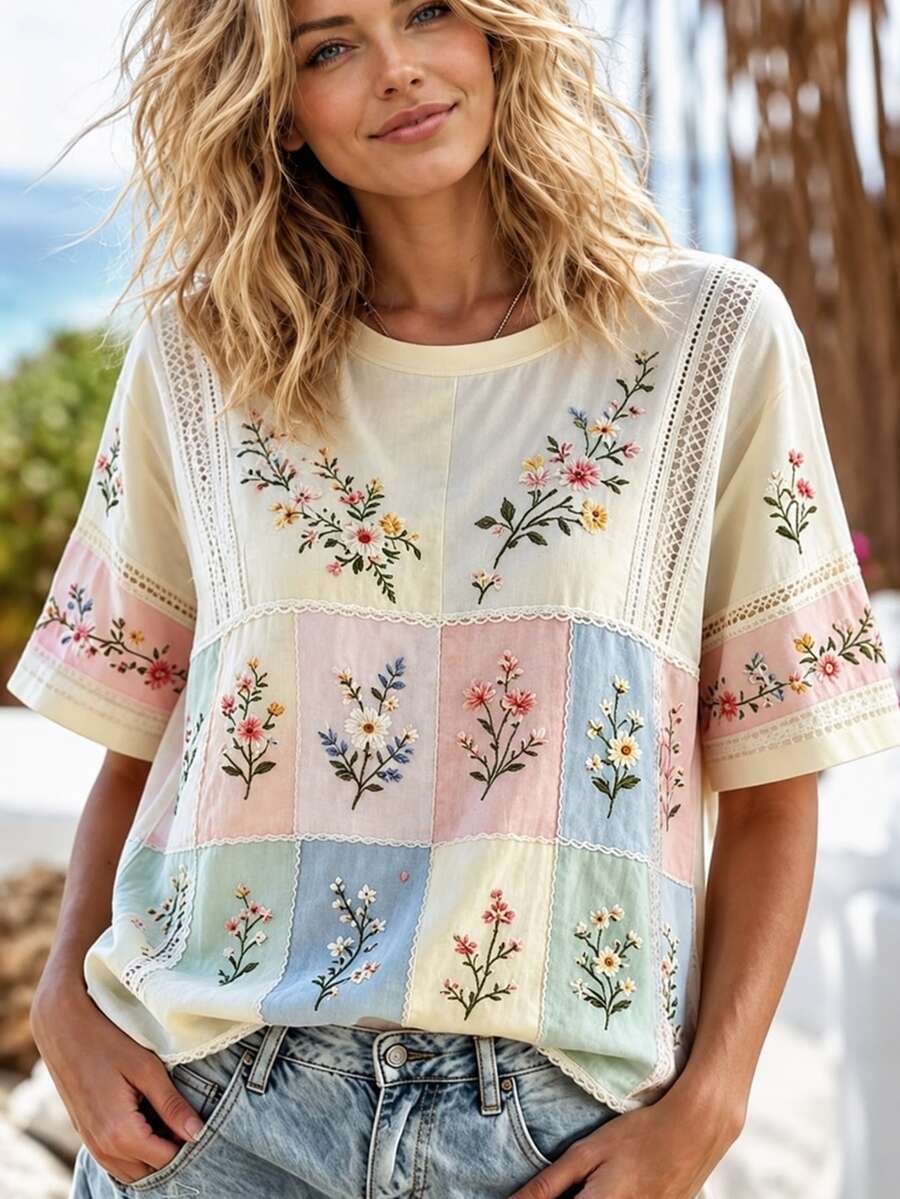 Selamara 大尺碼女款花卉印花圓領休閒柔軟修身日常T恤 米色 夏季 辦公正式 - 彩色 - 查看 1