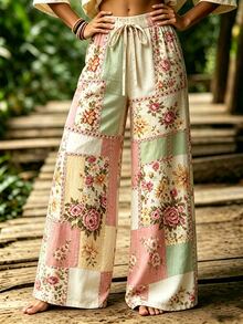 Selamara Women's Casual Boho Cottage Floral Print Wide Leg Pants Picnic Garden Party Dusty Pink Autumn - Multicolor - View 5