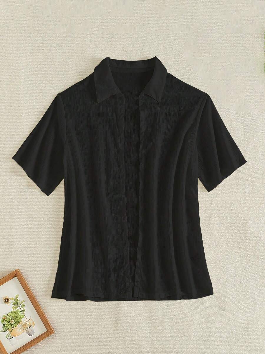 TrendSteals Jaket Gaya Kimono, Bahan Kain Lipit Acak, Musim Panas - Hitam - View 1