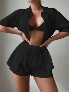TrendSteals Jaket Gaya Kimono, Bahan Kain Lipit Acak, Musim Panas - Hitam - View 7