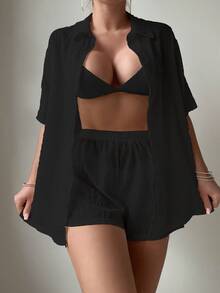 TrendSteals Jaket Gaya Kimono, Bahan Kain Lipit Acak, Musim Panas - Hitam - View 8