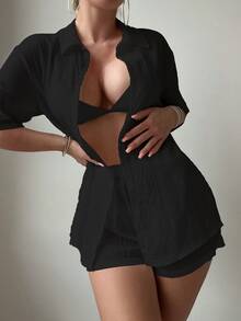 TrendSteals Jaket Gaya Kimono, Bahan Kain Lipit Acak, Musim Panas - Hitam - View 4