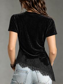 Glimmora Women's French Lace Patchwork Asymmetrical Hem Top - Black - View 2
