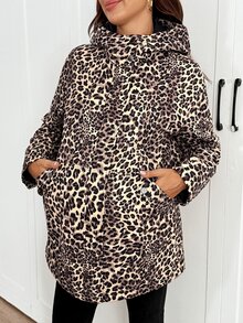 SHEIN Maternity Leopard Print Long Sleeve Casual Hooded 3-In-1 Jacket Winter Fall - Brown - View 5