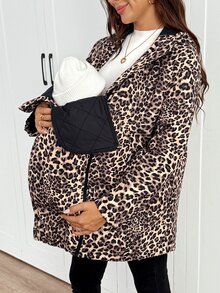 SHEIN Maternity Leopard Print Long Sleeve Casual Hooded 3-In-1 Jacket Winter Fall - Brown - View 6