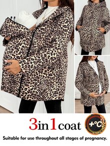 SHEIN Maternity Leopard Print Long Sleeve Casual Hooded 3-In-1 Jacket Winter Fall - Brown - View 1