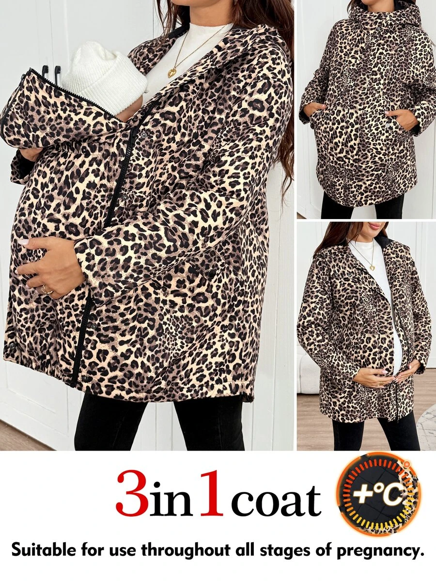 SHEIN Maternity Leopard Print Long Sleeve Casual Hooded 3-In-1 Jacket Winter Fall - Brown - View 1