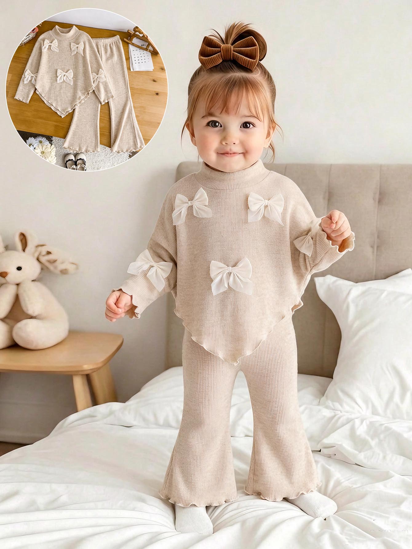 SHEIN Playful Pals 女童(小)T卹套裝 - 卡其色 - 查看 1