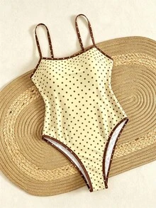 SHEIN Swim 春夏新款欧美风性感连体泳衣，高衩丁字裤比基尼，黄色底色搭配咖啡色波点印花，撞色细肩带，胸部褶皱设计，可调节肩带，性感少女连体泳衣，甜美保暖春季海滩度假修身泳衣 - 彩色 - 查看 6