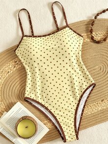 SHEIN Swim 春夏新款欧美风性感连体泳衣，高衩丁字裤比基尼，黄色底色搭配咖啡色波点印花，撞色细肩带，胸部褶皱设计，可调节肩带，性感少女连体泳衣，甜美保暖春季海滩度假修身泳衣 - 彩色 - 查看 3