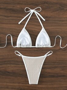 Swim SXY Summer Beach Hollow Out Halter Triangle Bikini Set - Multicolor - View 4
