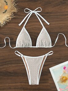 Swim SXY Summer Beach Hollow Out Halter Triangle Bikini Set - Multicolor - View 3
