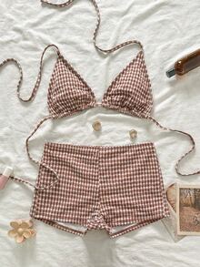 Swim Mod Pink Plaid Summer Tropical Holiday Pool Party Vacation Bikini Set,Women's Gingham Checkered Triangle Halter 2 Pieces Swimwear With Casual Shorts - Multicolor - View 3