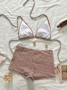 Swim Mod Pink Plaid Summer Tropical Holiday Pool Party Vacation Bikini Set,Women's Gingham Checkered Triangle Halter 2 Pieces Swimwear With Casual Shorts - Multicolor - View 7