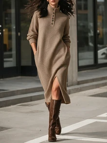SHEIN Gaun Midi Rajut Leher Tinggi dengan Kancing Plaket dan Bahu Jatuh, Gaun Sweater Longgar - Coklat - View 2