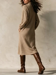 SHEIN Gaun Midi Rajut Leher Tinggi dengan Kancing Plaket dan Bahu Jatuh, Gaun Sweater Longgar - Coklat - View 3