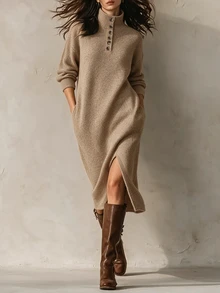 SHEIN Gaun Midi Rajut Leher Tinggi dengan Kancing Plaket dan Bahu Jatuh, Gaun Sweater Longgar - Coklat - View 4