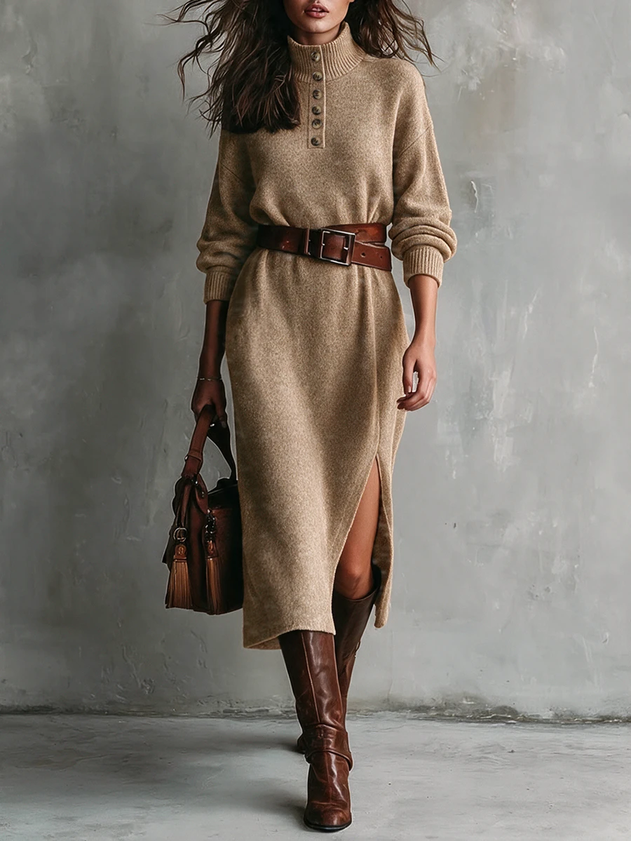 SHEIN Gaun Midi Rajut Leher Tinggi dengan Kancing Plaket dan Bahu Jatuh, Gaun Sweater Longgar - Coklat - View 1