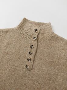 SHEIN Gaun Midi Rajut Leher Tinggi dengan Kancing Plaket dan Bahu Jatuh, Gaun Sweater Longgar - Coklat - View 8