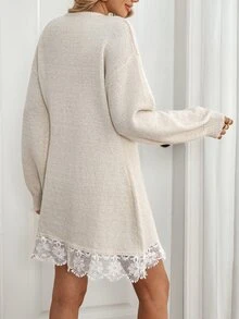 Breezaya Contrast Lace Drop Shoulder Sweater Dress Without Belt - Apricot - View 2