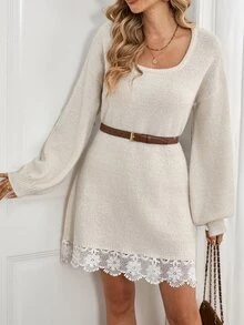 Breezaya Contrast Lace Drop Shoulder Sweater Dress Without Belt - Apricot - View 3