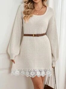 Breezaya Contrast Lace Drop Shoulder Sweater Dress Without Belt - Apricot - View 6