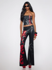 MUSERA Black And Red PU Leather Studded Bandeau Top Fall Winter Halloween Sexy Streetwear Going Out Club Y2k Witch Gothic Horror Grunge Spooky - Black - View 2