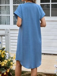 Medorina 女式休闲牛仔效果面料中长衬衫裙，春夏 - 藍色 - 查看 7
