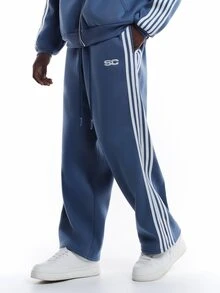 SUMWON Wide Leg Track Pants With Side Stripe Detail And Embroidered Logo Drawstring Waist Casual Street Style Full Length - Navy Blue - View 1