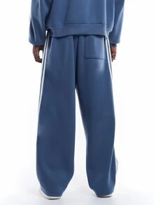 SUMWON Wide Leg Track Pants With Side Stripe Detail And Embroidered Logo Drawstring Waist Casual Street Style Full Length - Navy Blue - View 2