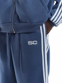 SUMWON Wide Leg Track Pants With Side Stripe Detail And Embroidered Logo Drawstring Waist Casual Street Style Full Length - Navy Blue - View 5