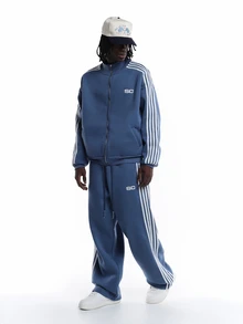 SUMWON Wide Leg Track Pants With Side Stripe Detail And Embroidered Logo Drawstring Waist Casual Street Style Full Length - Navy Blue - View 3